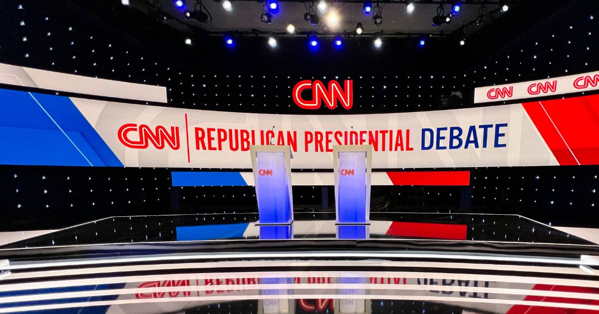 The stage is set prior to the start of the presidential debate hosted by CNN and moderated by journalists Dana Bash and Jake Tapper at Drake University in Des Moines, Iowa, on Jan. 10.