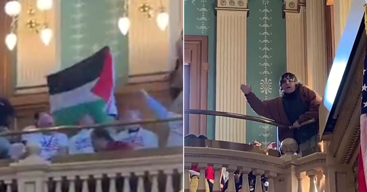 One protester waves a Palestinian flag, left, as another screamed slogans from the gallery.
