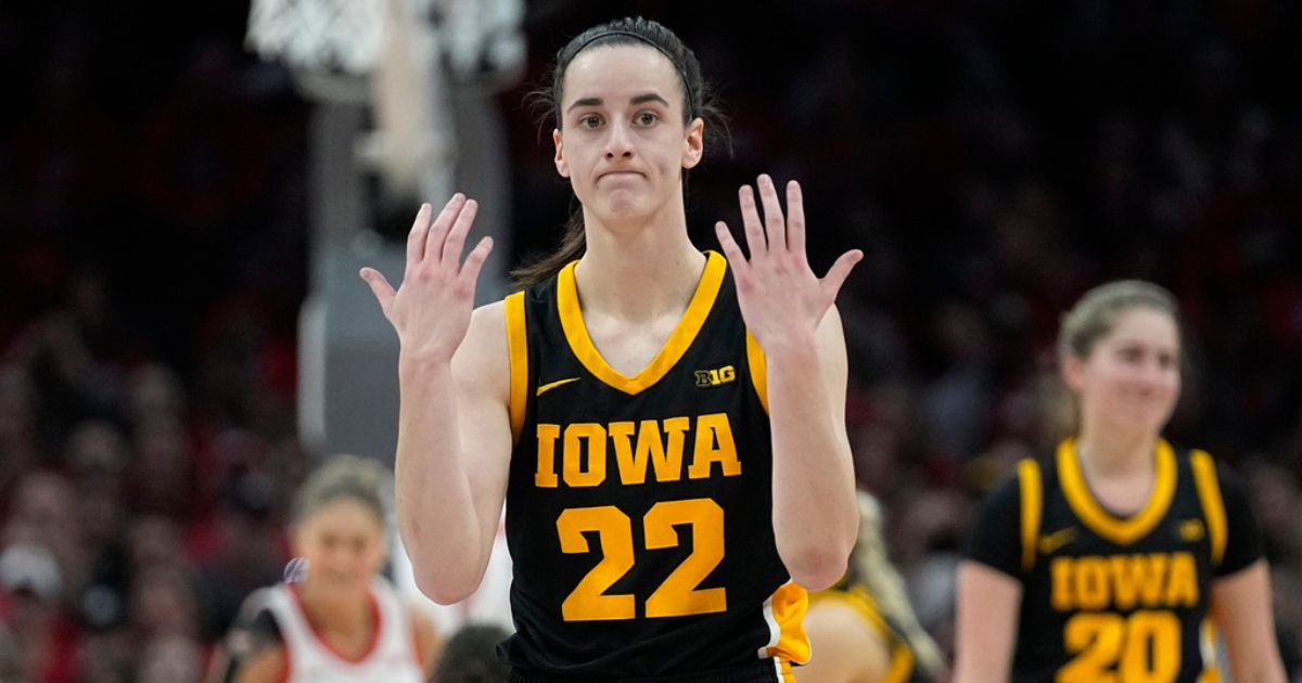 Iowa guard Caitlin Clark gestures in the first half of an NCAA college basketball game against Ohio State, Sunday in Columbus, Ohio.