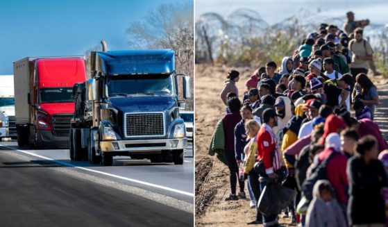 At left, a stock photo shows trucks driving in a convoy down an interstate highway. At right, illegal immigrants wait to be processed after crossing the Rio Grande from Mexico into Eagle Pass, Texas, on Dec. 18.