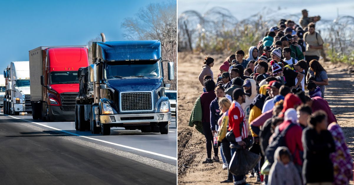 At left, a stock photo shows trucks driving in a convoy down an interstate highway. At right, illegal immigrants wait to be processed after crossing the Rio Grande from Mexico into Eagle Pass, Texas, on Dec. 18.