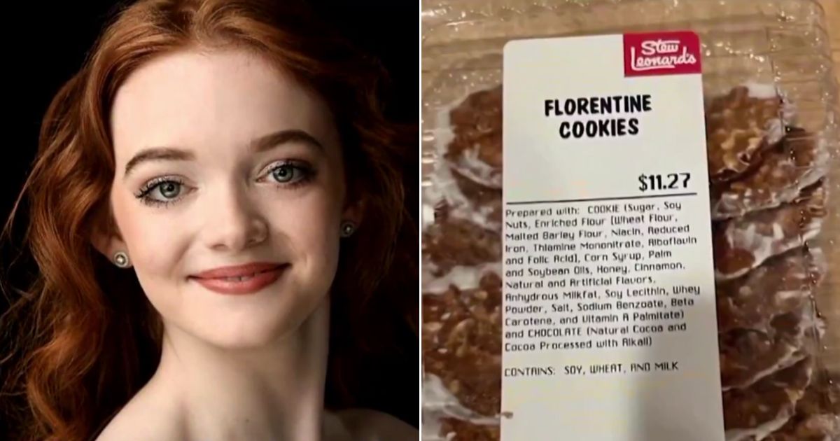 A 25-year-old dancer, Orla Baxendale, died from anaphylactic shock after eating a mislabeled cookie from a grocery store.