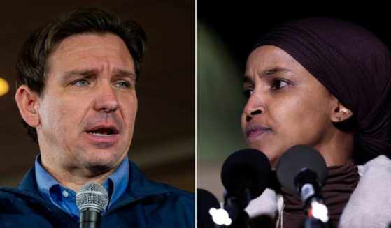 At left, Florida Gov. Ron DeSantis speaks to supporters at LaBelle Winery in Rockingham County, New Hampshire, on Jan. 17. At right, Democratic Rep. Ilhan Omar of Minnesota speaks outside the U.S. Capitol in Washington on Nov. 13.