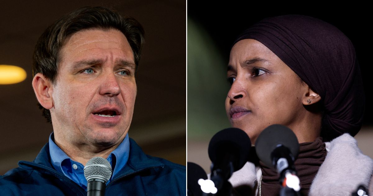 At left, Florida Gov. Ron DeSantis speaks to supporters at LaBelle Winery in Rockingham County, New Hampshire, on Jan. 17. At right, Democratic Rep. Ilhan Omar of Minnesota speaks outside the U.S. Capitol in Washington on Nov. 13.