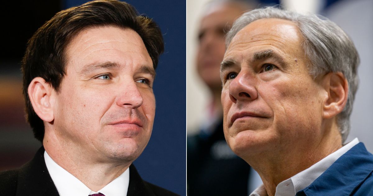 Florida Gov. Ron DeSantis, left, has vowed to help Texas Gov. Greg Abbot, right, in his border crisis battle with both illegal immigrants and the Biden administration by supplying "personnel and assets."