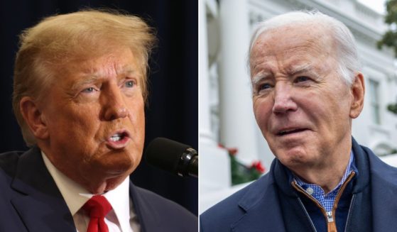 At left, Republican presidential candidate and former President Donald Trump speaks during a campaign event in Waterloo, Iowa, on Dec. 19. At right, President Joe Biden talks to reporters before boarding Marine One on the South Lawn of the White House in Washington on Dec. 23.