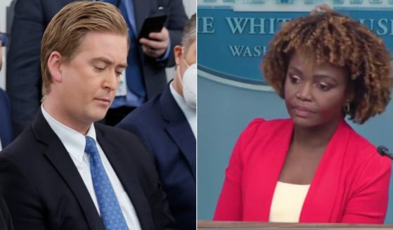 During Wednesday's White House news briefing, Fox News correspondent Peter Doocy, left, pressed White House press secretary Karine Jean-Pierre, right, about President Joe Biden making a comment about election denial.