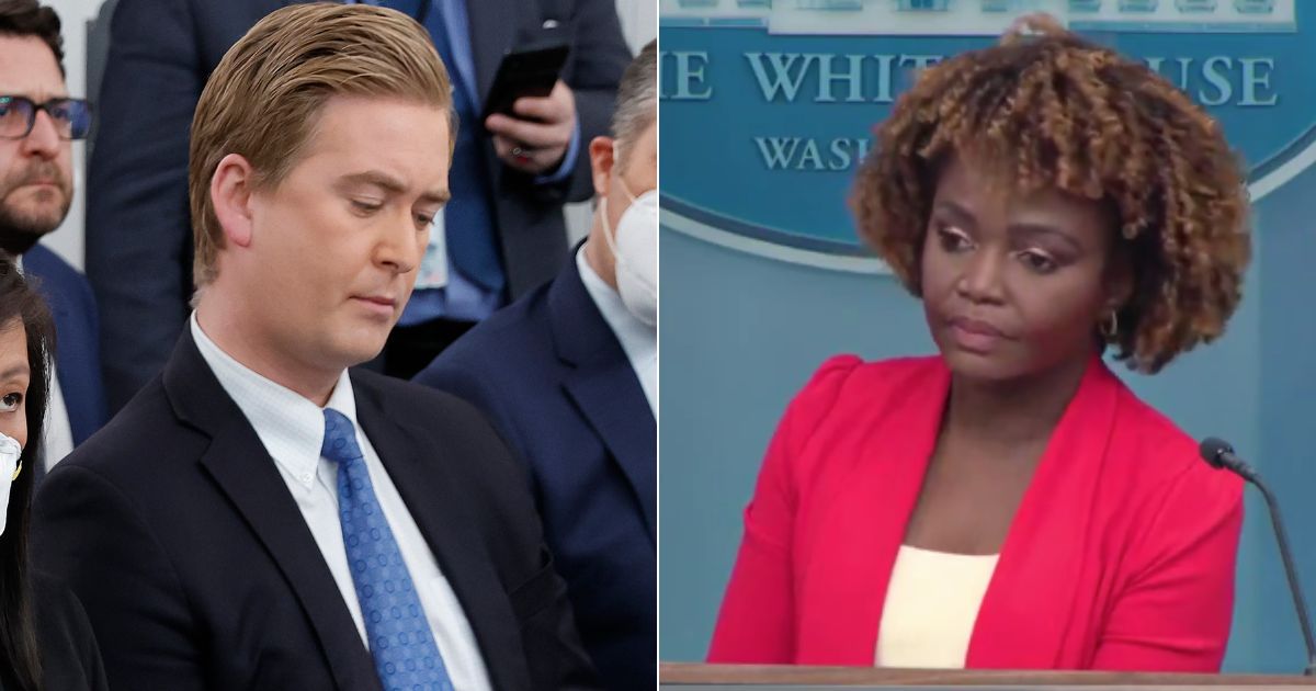 During Wednesday's White House news briefing, Fox News correspondent Peter Doocy, left, pressed White House press secretary Karine Jean-Pierre, right, about President Joe Biden making a comment about election denial.