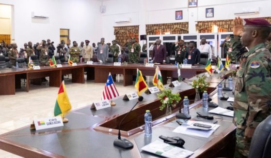 The defense chiefs from the Economic Community of West African States countries excluding Mali, Burkina Faso, Chad, Guinea and Niger, gather for a meeting in Accra, Ghana, Aug. 17.