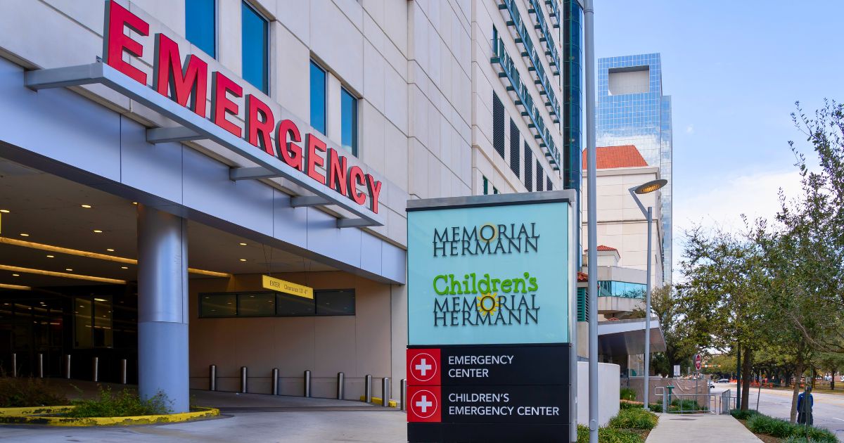 A stock photo shows the ER entrance to Memorial Hermann Hospital in Houston on March 9, 2022.