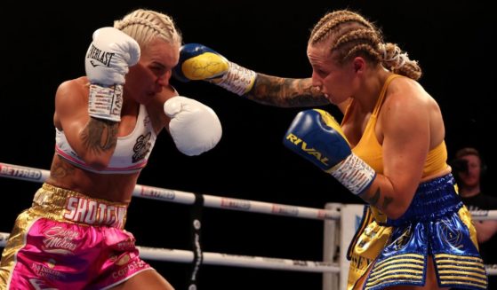 Ebanie Bridges, right, and Shannon O’Connell exchange blows during their IBF Women's World Bantamweight title fight at First Direct Arena in Leeds, England, on Dec. 10, 2022.