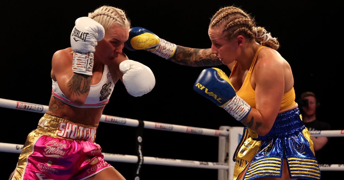 Ebanie Bridges, right, and Shannon O’Connell exchange blows during their IBF Women's World Bantamweight title fight at First Direct Arena in Leeds, England, on Dec. 10, 2022.