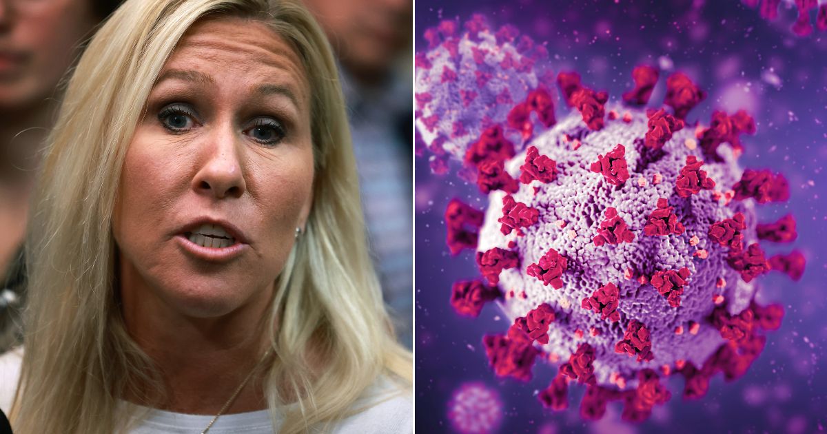 At left, Republican Rep. Marjorie Taylor Greene of Georgia speaks to reporters at the Longworth House Office Building in Washington on Oct. 13. At right is a depiction of a COVID-19 virus molecule.