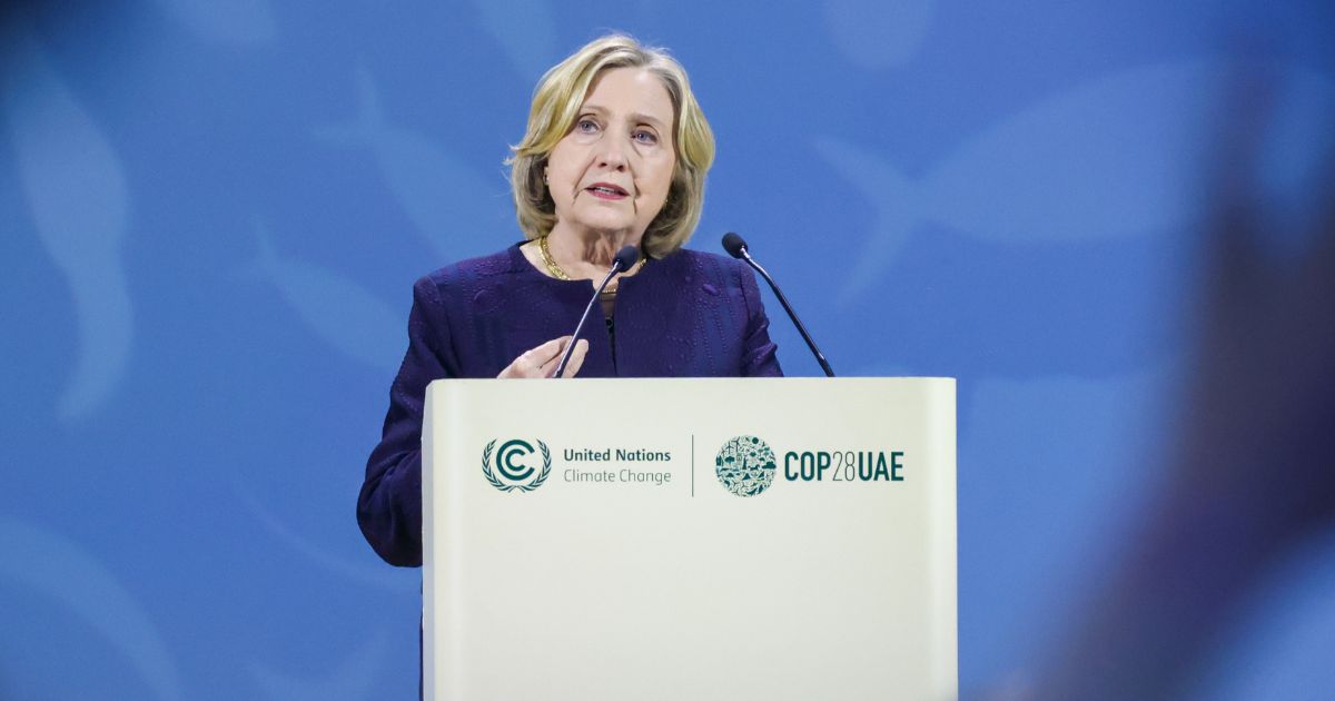 Hillary Clinton speaks during the UNFCCC COP28 Climate Conference in Dubai on Dec. 4.