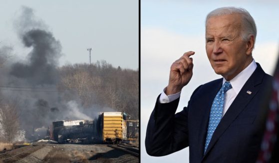Smoke rises from a derailed cargo train in East Palestine, Ohio, on Feb. 4, 2023. President Joe Biden steps off Air Force One upon arrival in Miami on Tuesday.