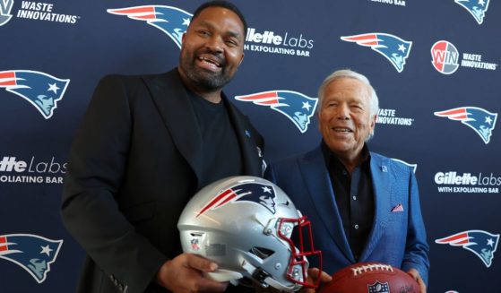 Newly appointed head coach Jerod Mayo and Owner Robert Kraft of the New England Patriots pose after a press conference at Gillette Stadium in Foxborough, Massachusetts, on Wednesday.