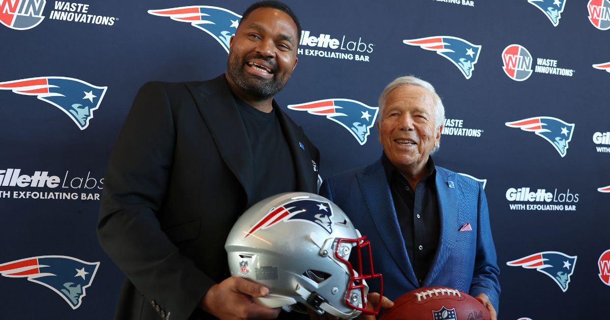Newly appointed head coach Jerod Mayo and Owner Robert Kraft of the New England Patriots pose after a press conference at Gillette Stadium in Foxborough, Massachusetts, on Wednesday.