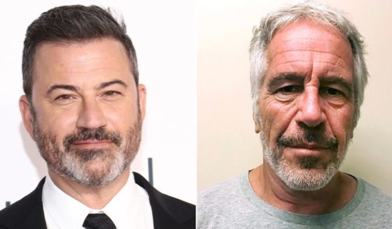 At left, Jimmy Kimmel attends the Television Academy's Hall of Fame induction ceremony at Saban Media Center in North Hollywood, California, on Nov. 16, 2022. At right, a photo provided by the New York State Sex Offender Registry shows Jeffrey Epstein on March 28, 2017.