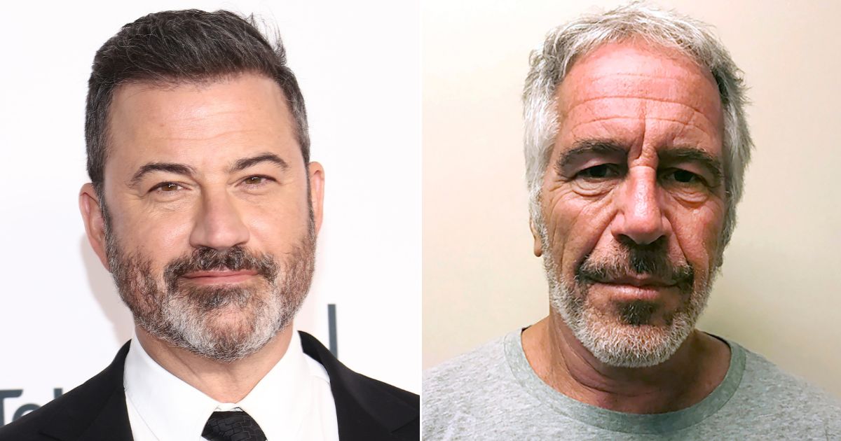 At left, Jimmy Kimmel attends the Television Academy's Hall of Fame induction ceremony at Saban Media Center in North Hollywood, California, on Nov. 16, 2022. At right, a photo provided by the New York State Sex Offender Registry shows Jeffrey Epstein on March 28, 2017.