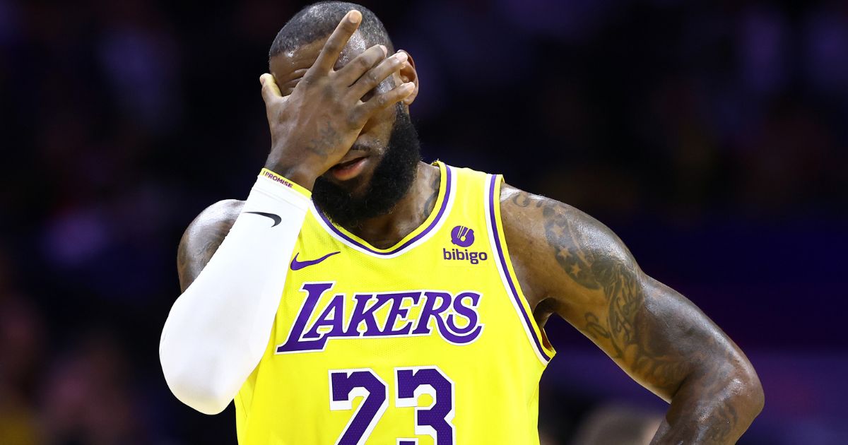 NBA star LeBron James of the Los Angeles Lakers reacts during the first quarter of a game against the Philadelphia 76ers in Philadelphia, Pennsylvania, on Nov. 27.