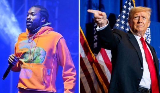 Rapper Meek Mill performs at Clark Atlanta University on Oct. 18, 2023, in Atlanta. Former President Donald Trump points to supporters after a campaign rally on Tuesday in Atkinson, New Hampshire.