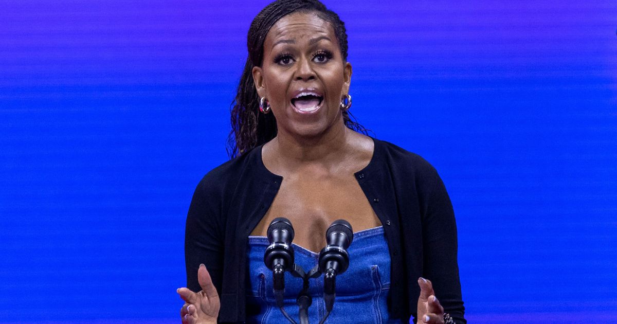 Michelle Obama speaks at the Billie Jean King National Tennis Center in New York City on Aug. 28, 2023.