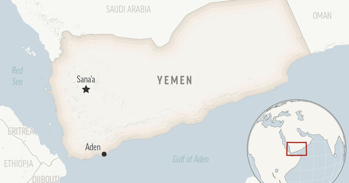 A map of the area where a Marshall Islands-flagged tanker was hit by a missile launched by Yemen's Houthi rebels Saturday. The ship burned for hours in the Gulf of Aden before being extinguished.