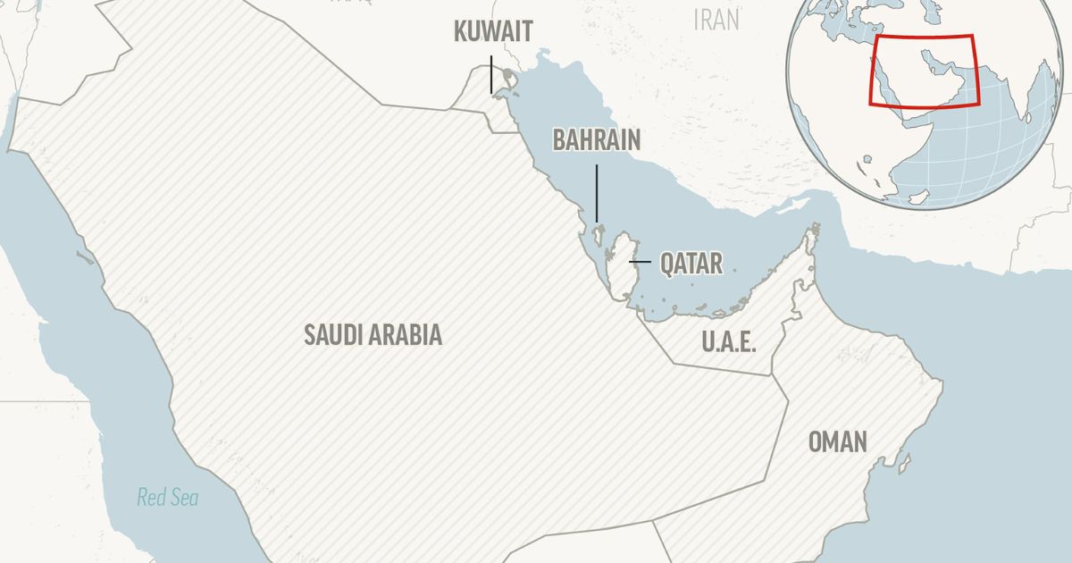 Locator map for the Gulf Cooperation Council member states: Saudi Arabia, Bahrain, Qatar, Oman, Kuwait and United Arab Emirates.