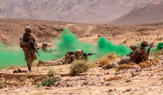 Marines conduct simulated squad attacks during an exercise in Jordan on July 5.