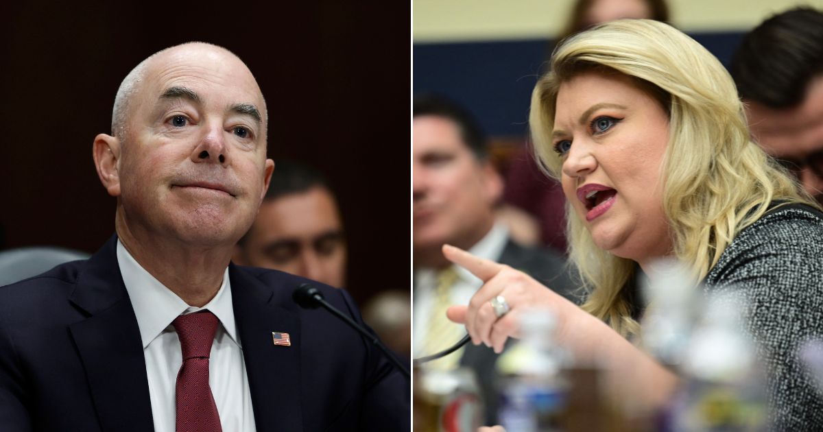 Republican Rep. Kat Cammack of Florida, right, spoke about comments by Homeland Security Secretary Alejandro Mayorkas, left, in a closed-door meeting with GOP lawmakers.