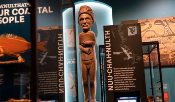 Artifacts and representations of Native American culture from the northwest coast of North America are displayed May 10, 2022, at the American Museum of Natural History in New York.