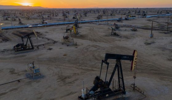 An aerial view shows pumpjacks in the South Belridge Oil Field in McKittrick, California, on April 24, 2020.
