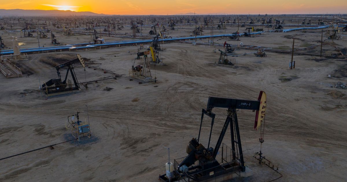 An aerial view shows pumpjacks in the South Belridge Oil Field in McKittrick, California, on April 24, 2020.