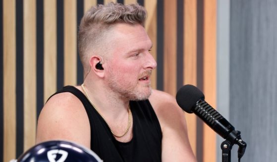 Pat McAfee speaks on radio row ahead of Super Bowl LVII at the Phoenix Convention Center on Feb. 9, 2023, in Phoenix.
