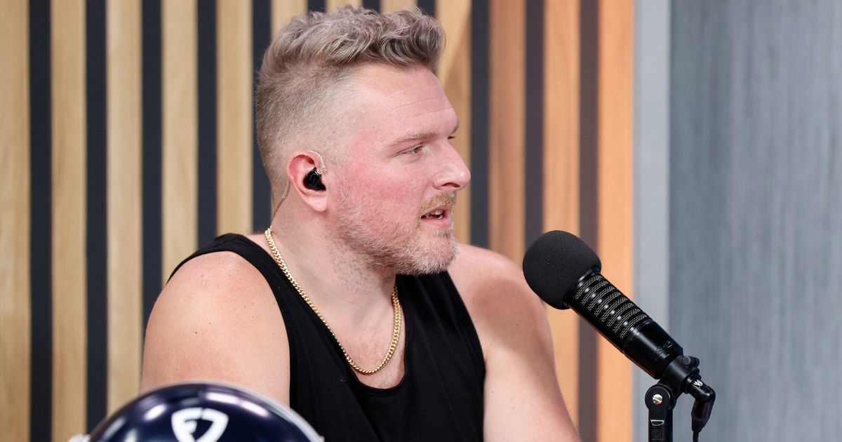 Pat McAfee speaks on radio row ahead of Super Bowl LVII at the Phoenix Convention Center on Feb. 9, 2023, in Phoenix.