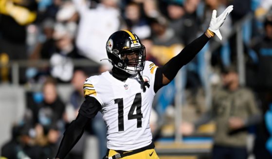 George Pickens of the Pittsburgh Steelers celebrates after making a catch against the Carolina Panthers in Charlotte, North Carolina, on Dec. 18, 2022.