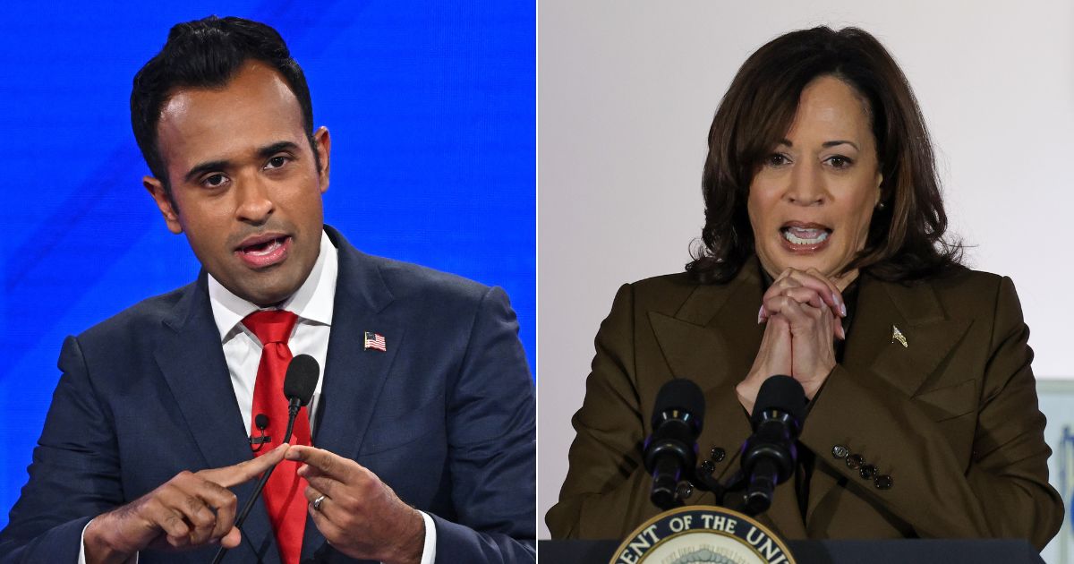 Former Republican presidential hopeful Vivek Ramaswamy, left, has revealed his debate strategy should he be selected as a vice presidential candidate and have to go head-to-head with Vice President Kamala Harris, right.