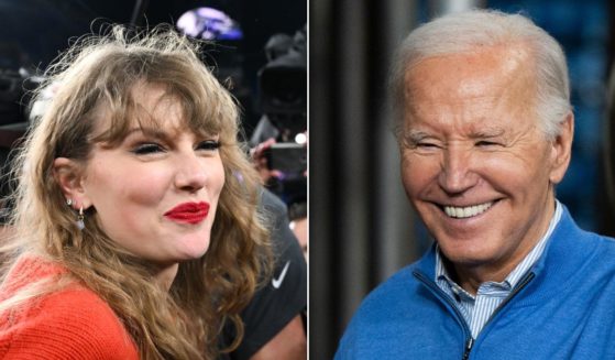At left, Taylor Swift walks off the field following the AFC championship Sunday between the Kansas City Chiefs and the Baltimore Ravens. At right, President Joe Biden waves during a campaign stop at Earth Rider Brewery in Superior, Wisconsin on Thursday.