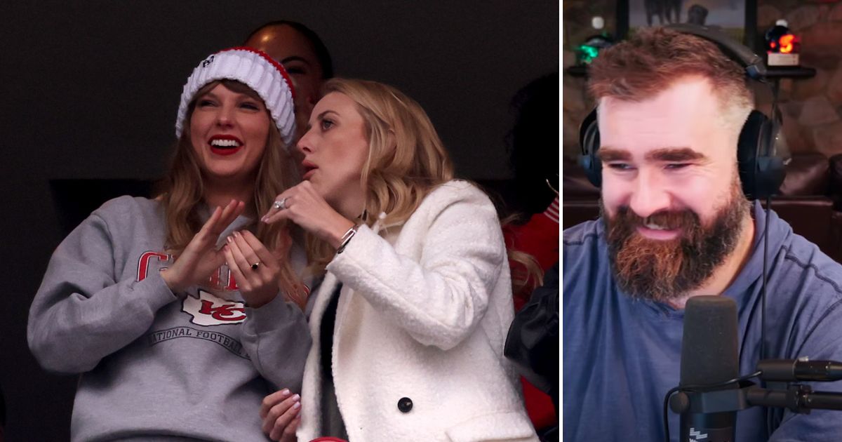 Taylor Swift and Brittany Mahomes cheering after a touchdown, and Jason Kelce laughing