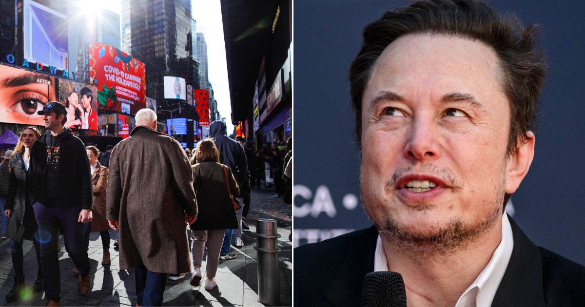 At left, people in Times Square in New York on Dec. 29. At right, Elon Musk speaks at the Atreju political convention organized by Fratelli d'Italia in Rome on Dec. 15.