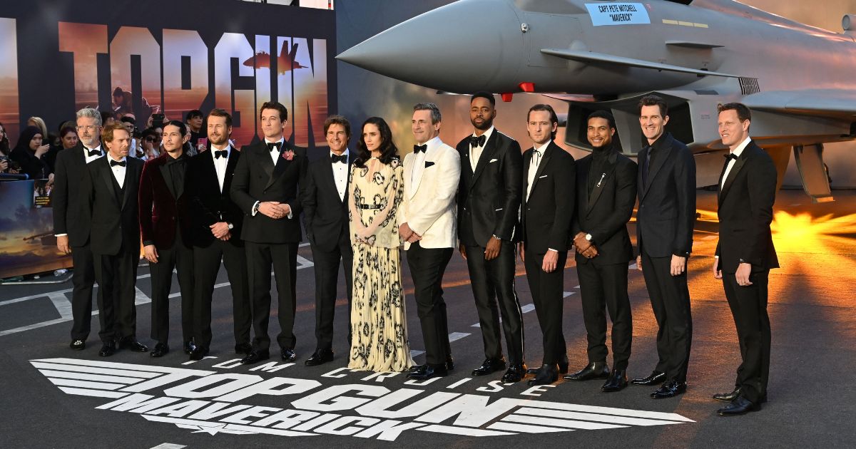 Members of the cast of "Top Gun: Maverick" pose for a photo at the U.K. premiere of the film in London, England, on May 19, 2022.