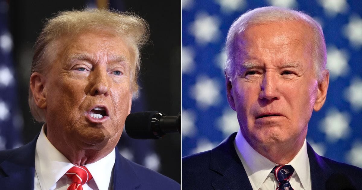 At left, Republican presidential candidate and former President Donald Trump speaks during a campaign rally at Clinton Middle School in Clinton, Iowa, on Saturday. At right, President Joe Biden speaks during a campaign event at Montgomery County Community College in Blue Bell, Pennsylvania, on Friday.