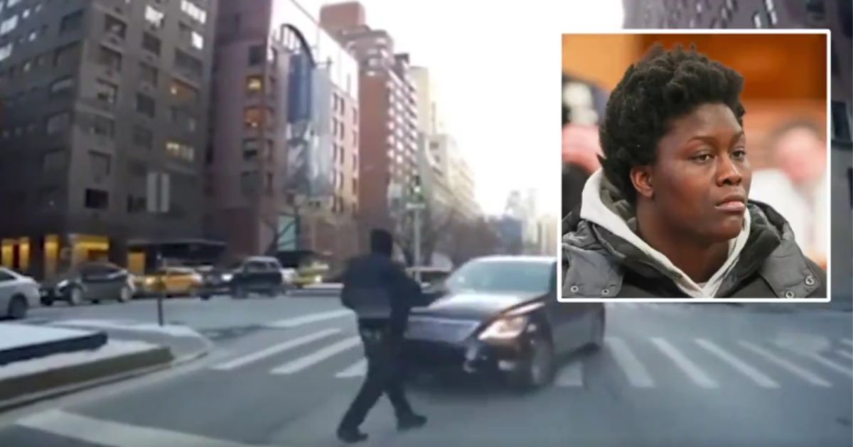 This still picture from a video shows a New York City police officer approaching a car as it reportedly was going the wrong way on Park Avenue on Wednesday. The officer was struck by the car, suffering a broken leg and multiple bruises. Sahara Dula, top right, was charged in the incident.