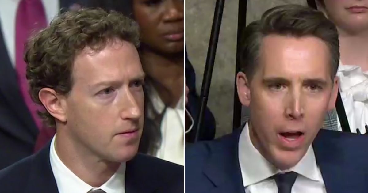 GOP Sen. Josh Hawley of Missouri, right, goaded Meta CEO Mark Zuckerberg, left, into apologizing to families of young people who have been harmed or killed as a result of content they viewed on his social media platforms.