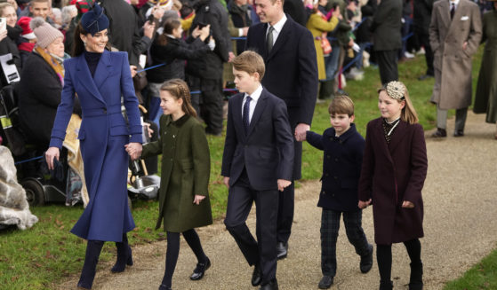 From left to right, Kate, Princess of Wales, Princess Charlotte, Prince George, William, Prince of Wales, Prince Louis, and Mia Tindall arrive at St. Mary Magdalene Church in Norfolk, England, on Dec. 25, to attend the Christmas Day service.
