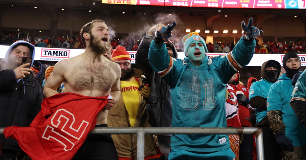 Fans cheer during the AFC Wild Card Playoffs between the Miami Dolphins and the Kansas City Chiefs at Kansas City's Arrowhead Stadium on Saturday.