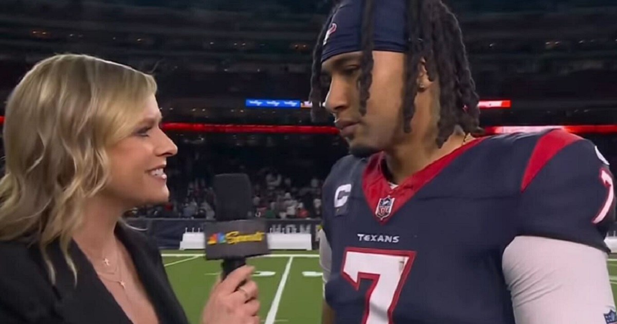 Houston Texans quarterback CJ Stroud is interviewed after Saturday's win over the Cleveland Browns.