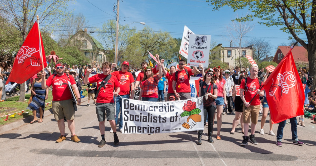 The Democratic Socialists of America march during the annual May Day parade in Minneapolis on May 6, 2018. The party is in dire financial straits after its public support for the Hamas terrorist group.