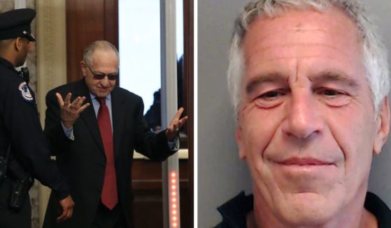 (L) Alan Dershowitz passes through a metal detector after arriving at the U.S. Capitol for the Senate impeachment trial at the U.S. Capitol on January 29, 2020 in Washington, DC. (R) In this handout provided by the Florida Department of Law Enforcement, Jeffrey Epstein poses for a sex offender mugshot after being charged with procuring a minor for prostitution on July 25, 2013 in Florida.