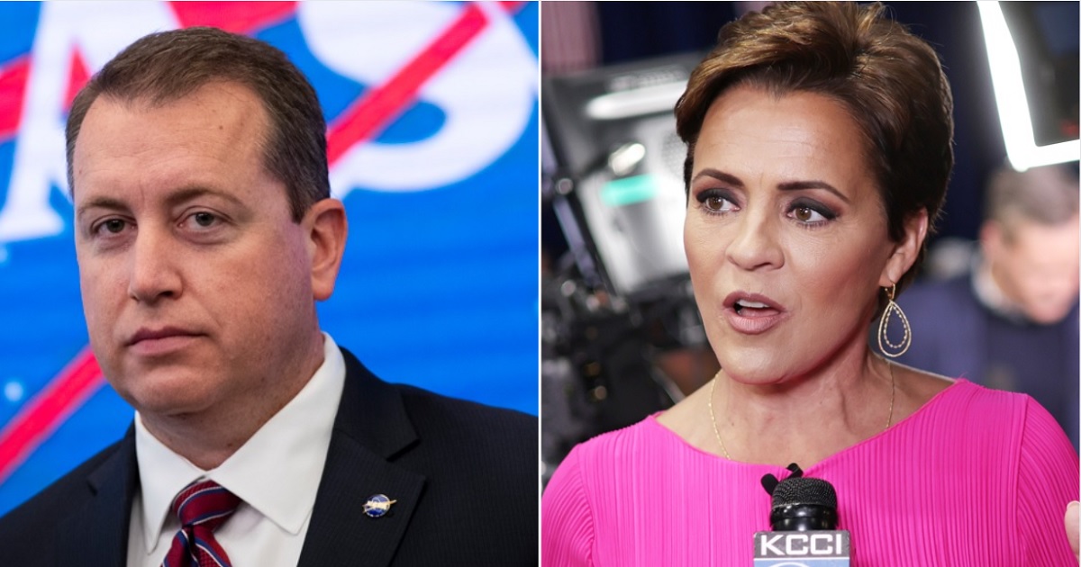 Jeff DeWit, who is resigning as chairman of the Arizona Republican Party, left, pictured in a 2019 file photo. Right, former Arizona gubernatorial candidate and leading contender for the Senate Kari Lake, is pictured attending a caucus night party Jan. 15 in Des Moines, Iowa.